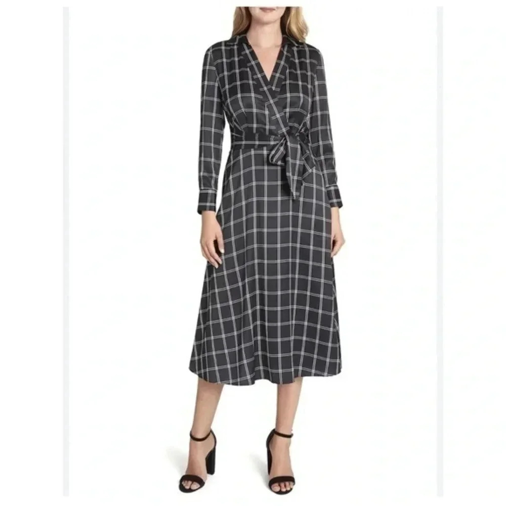 Tahari ASL Women's Long Sleeve Surplus Windowpane Tie Waist Shirt Dress